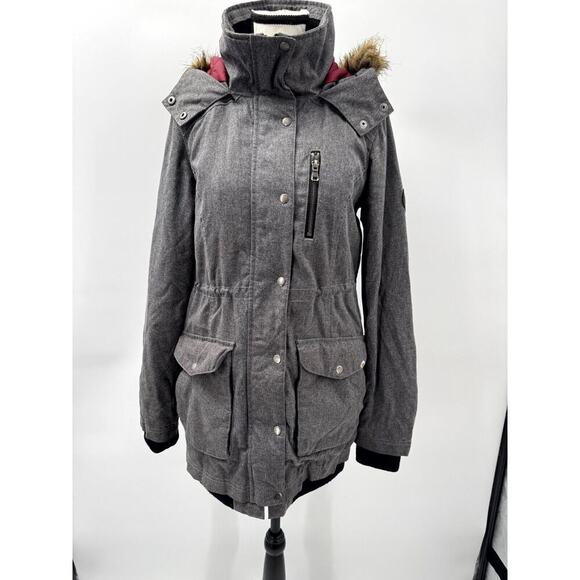 Vans Parka Jacket Women's M Gray Lined Faux Fur Trim‎ Hooded Mock Neck Full Zip - Picture 1 of 9